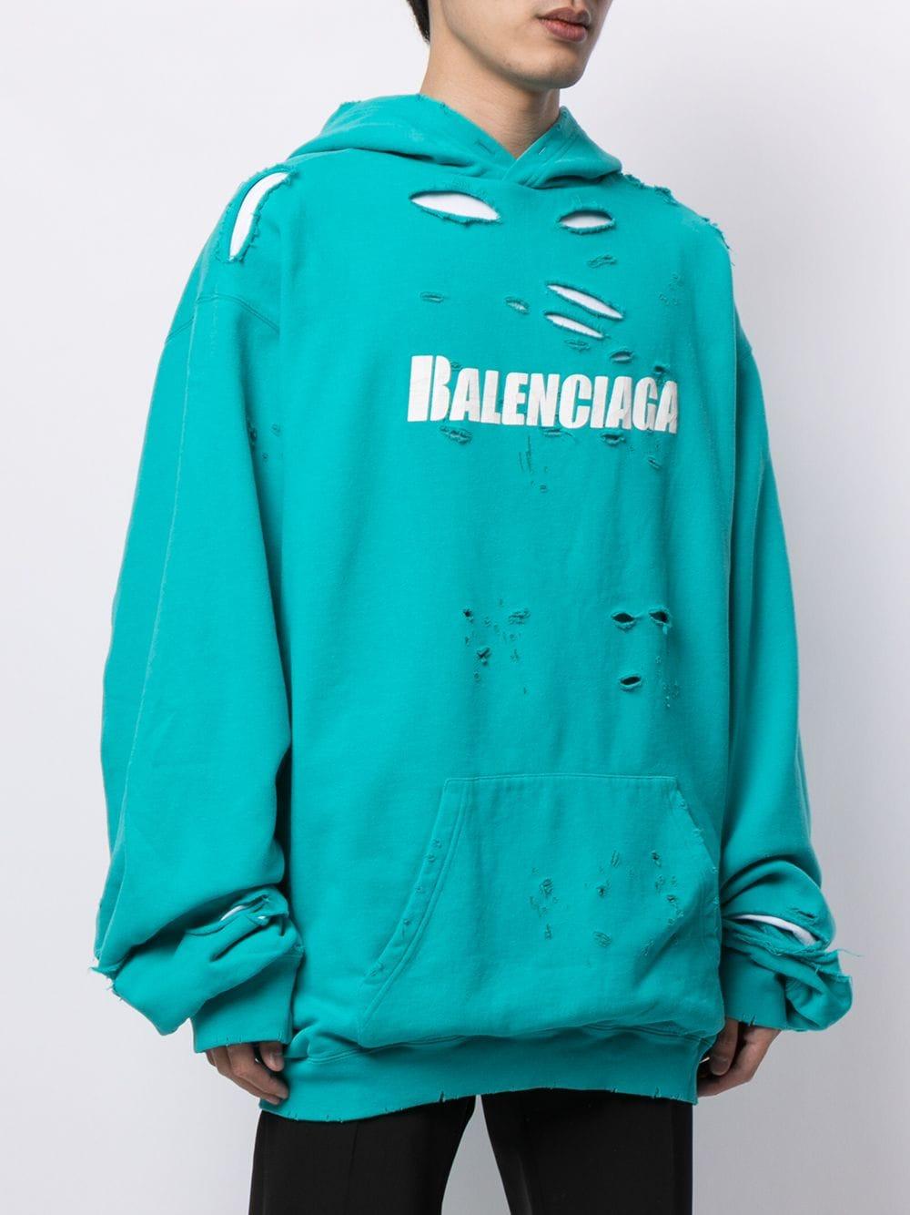 Balenciaga Ripped Oversize Logo Hoodie in Blue | Lyst