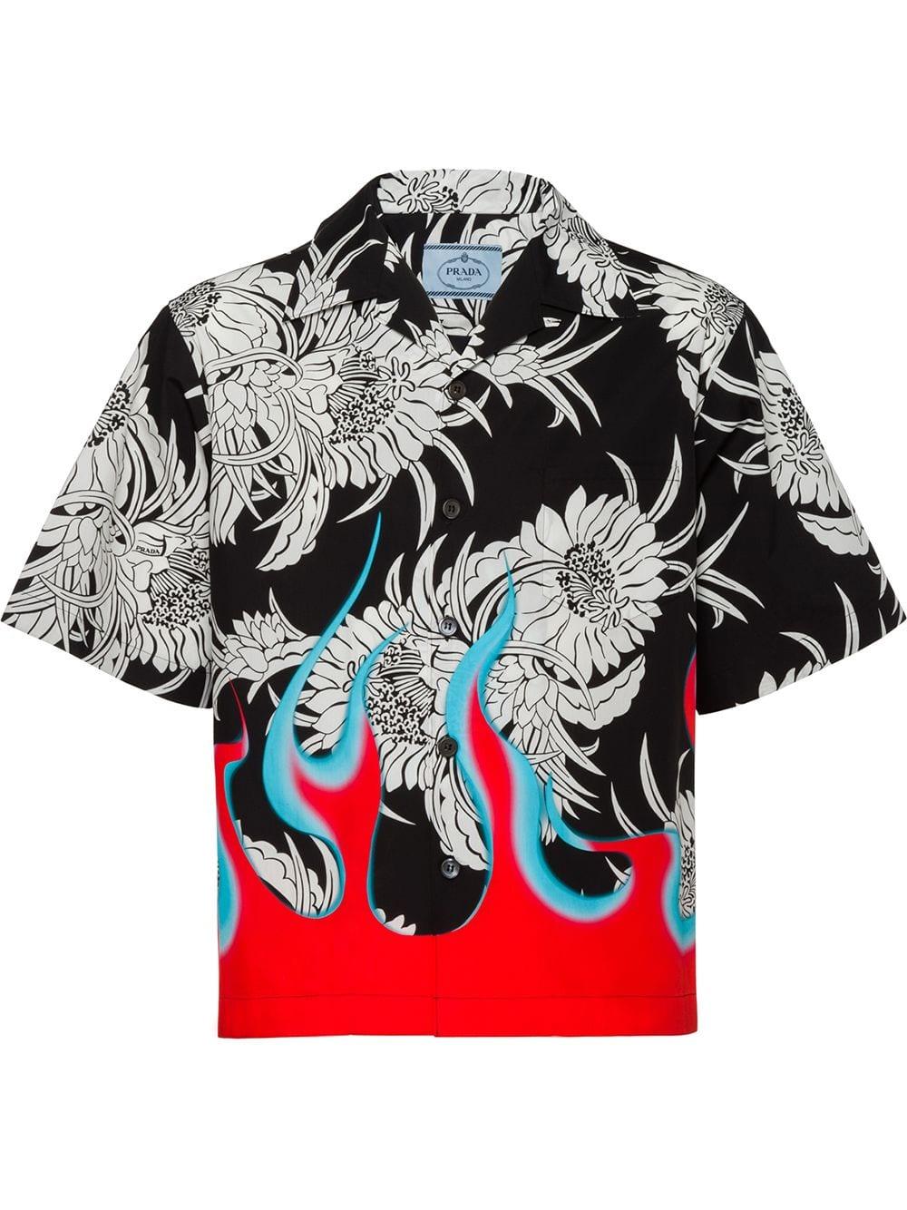 Prada Cotton Flame Print Shirt in Black for Men - Lyst