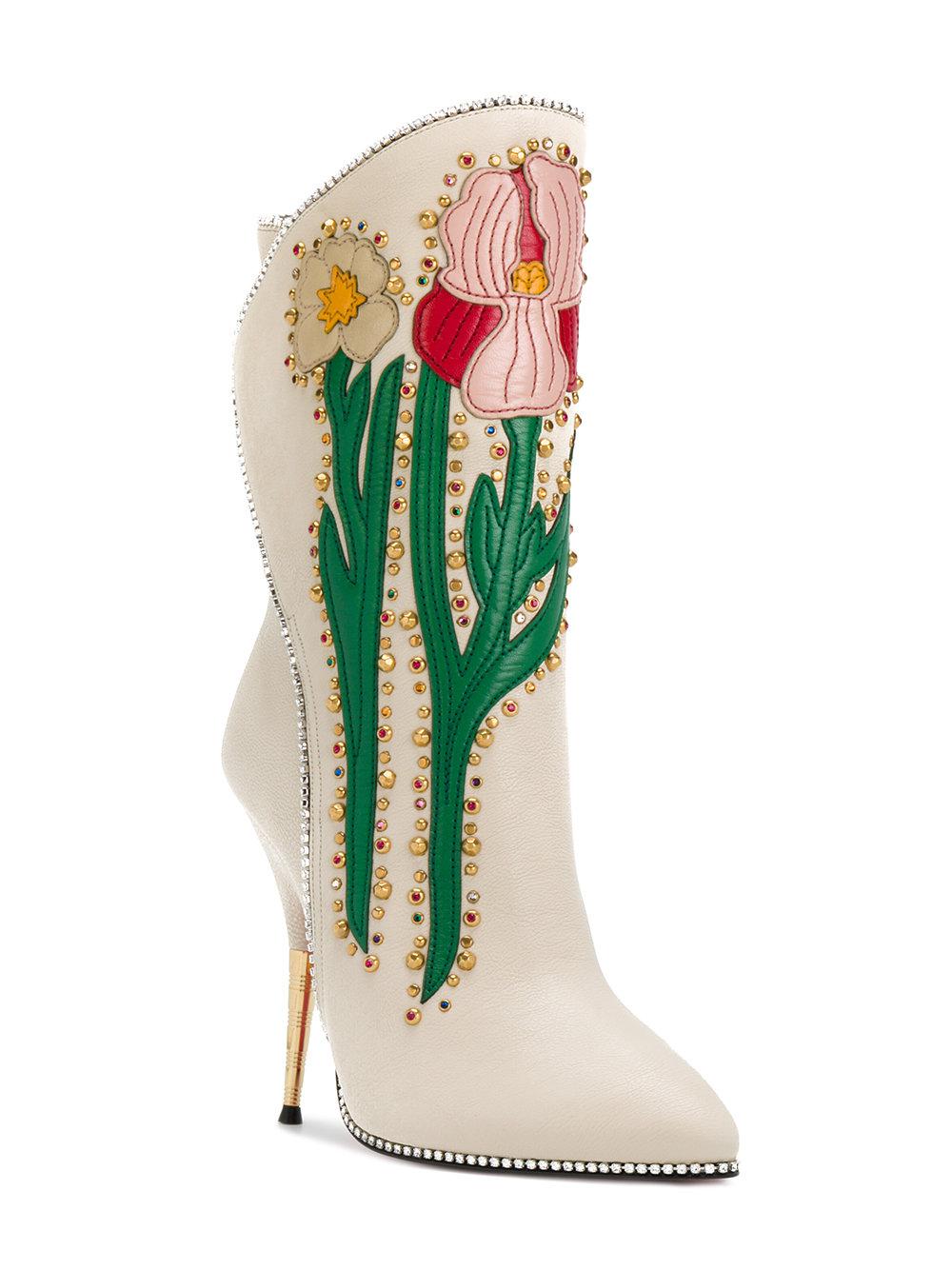 Gucci Leather Flower Intarsia Boots in 