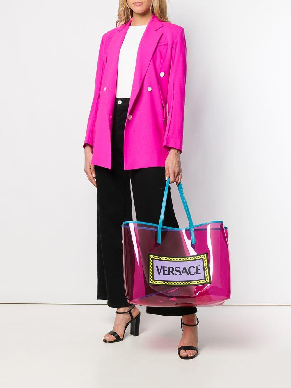 Versace 90's Vintage Logo Soft Tote In Pink Clear Vinyl