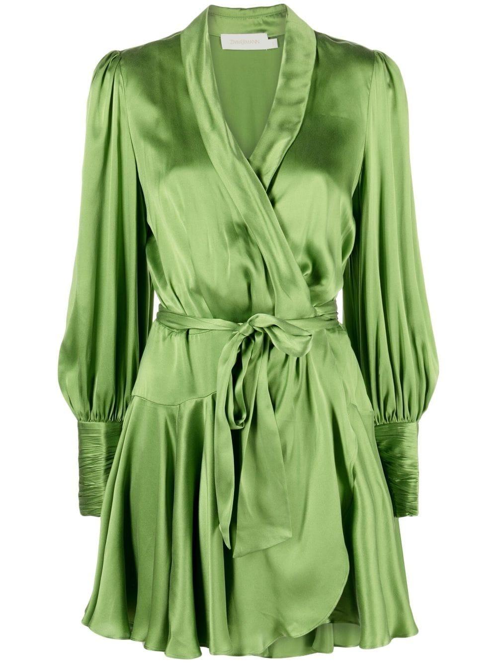 Zimmermann Satin Wrap Mini Dress in Green | Lyst