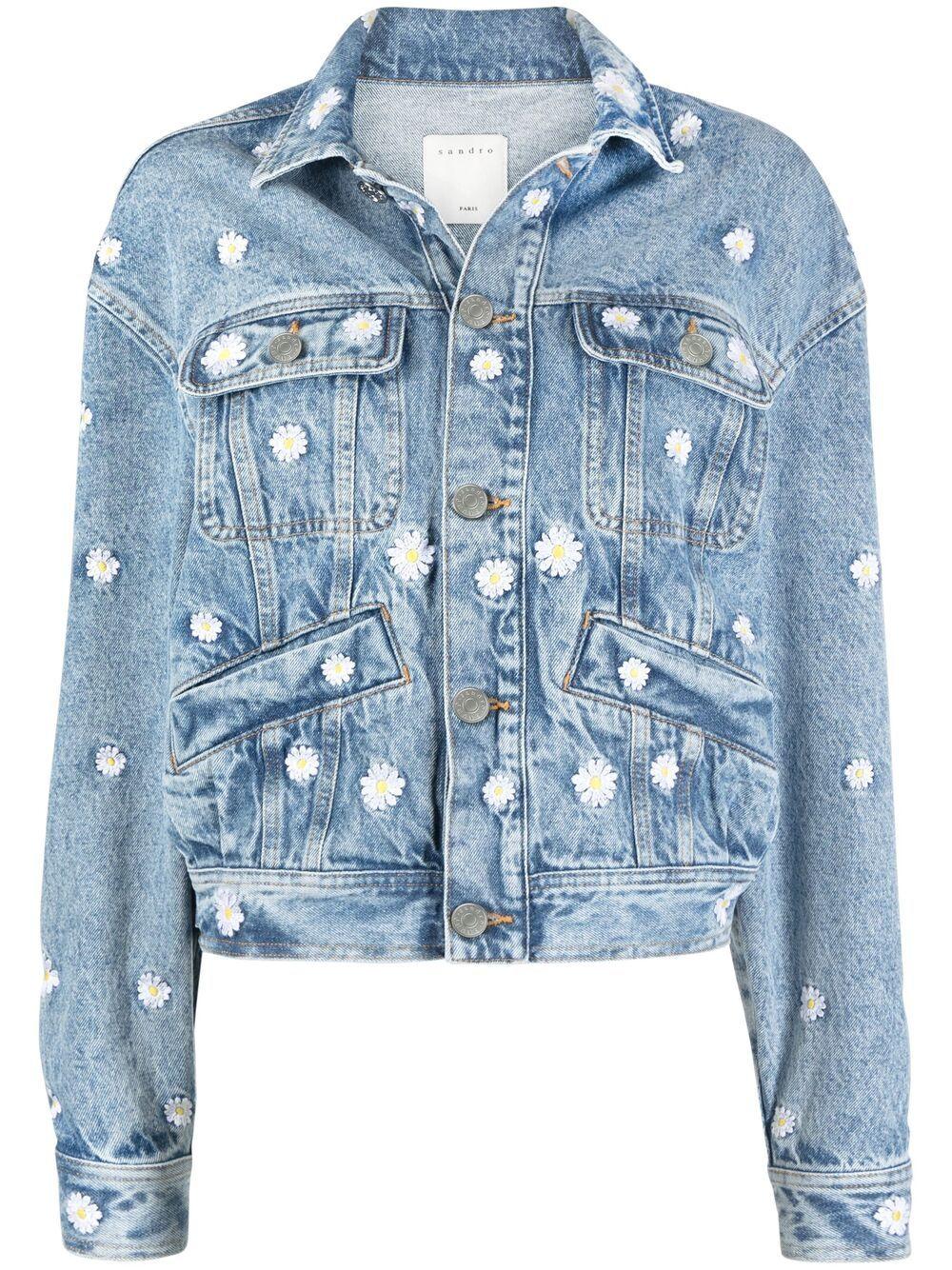 Sandro Daisy-embroidered Denim Jacket in Blue | Lyst