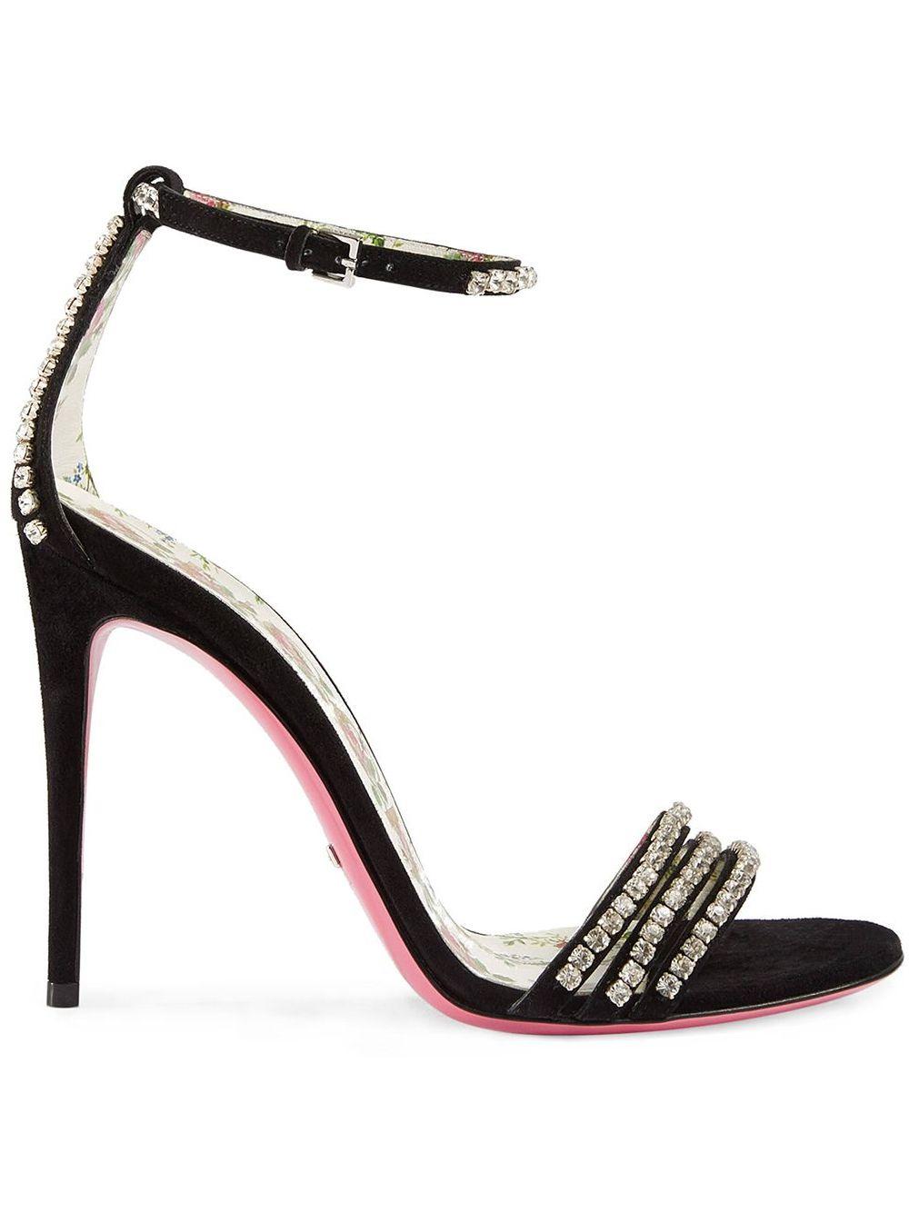 Gucci Suede Sandal With Crystals in Black - Lyst