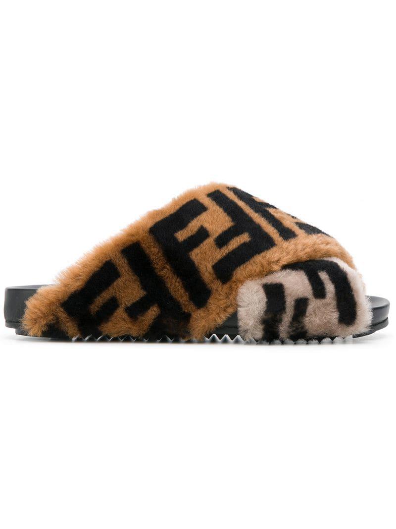 Fendi Shearling Ff Logo Sandals in Brown | Lyst