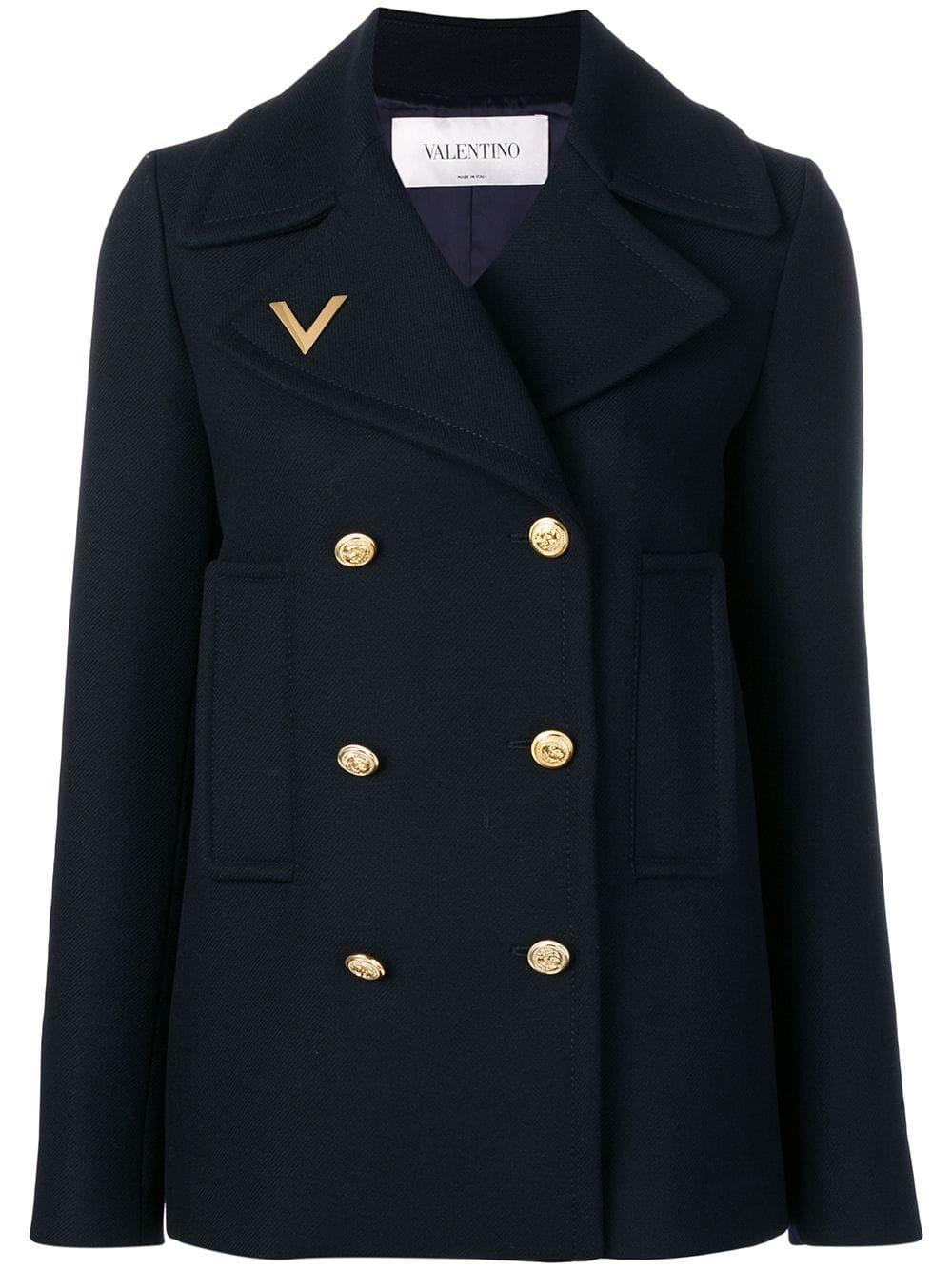Valentino Wool Logo Embroidered Peacoat in Navy (Blue) - Lyst