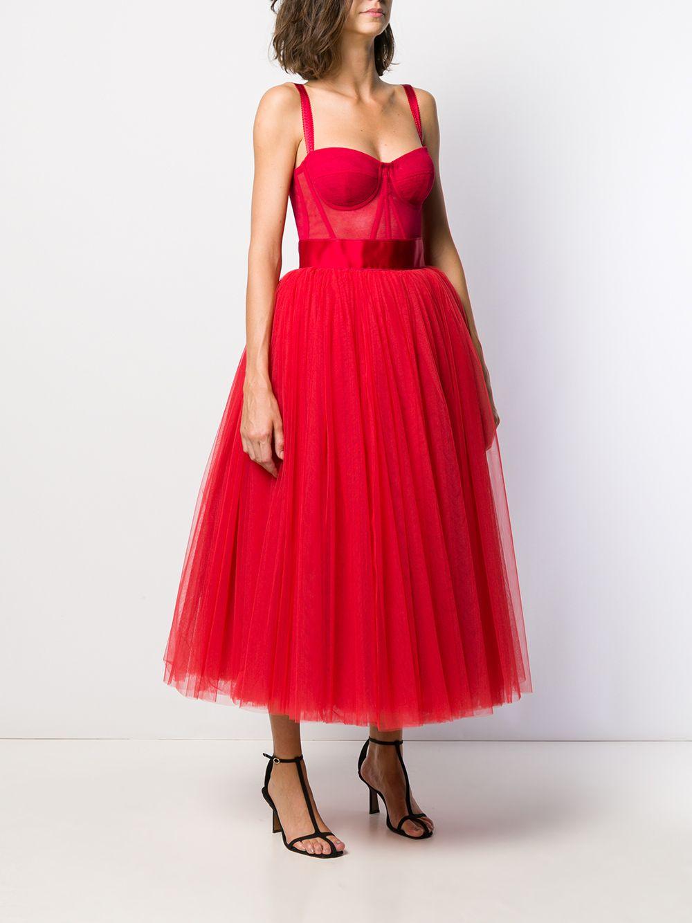 Dolce & Gabbana Bustier Tulle Midi Dress in Red | Lyst