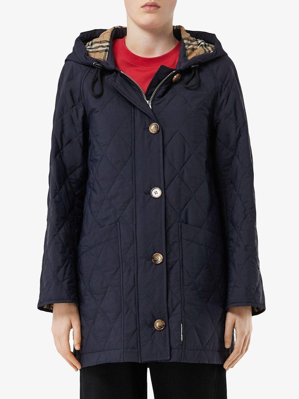 Burberry Cotton Diamond Quilted Thermoregulated Hooded Coat in Blue - Lyst