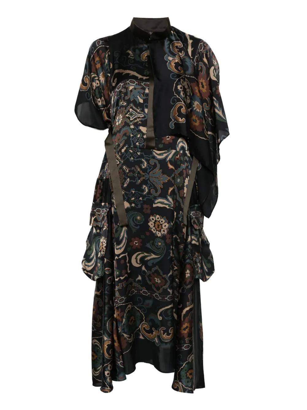 【SACAI】DARK BROWN AND BLUE DRESS Sacai Mixed Media Colorblock Long Sleeve Wool Sweater Dress