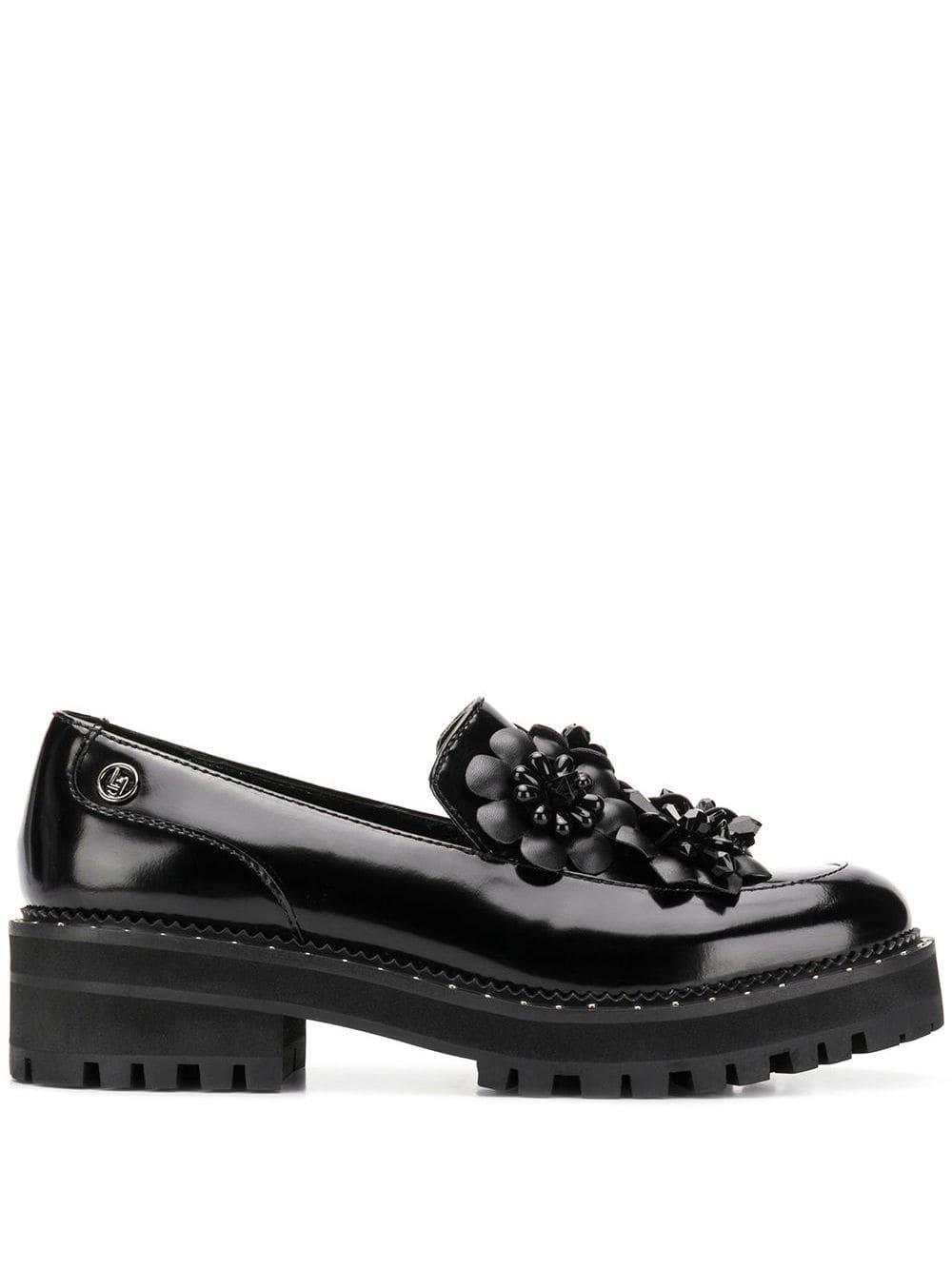 Liu Jo Leather Flower Appliqué Loafers in Black - Lyst