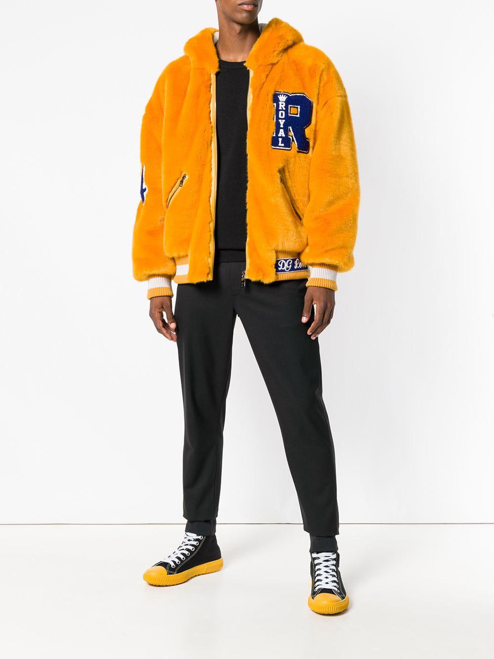Dolce & Gabbana Faux Fur Varsity Jacket in Orange for Men | Lyst