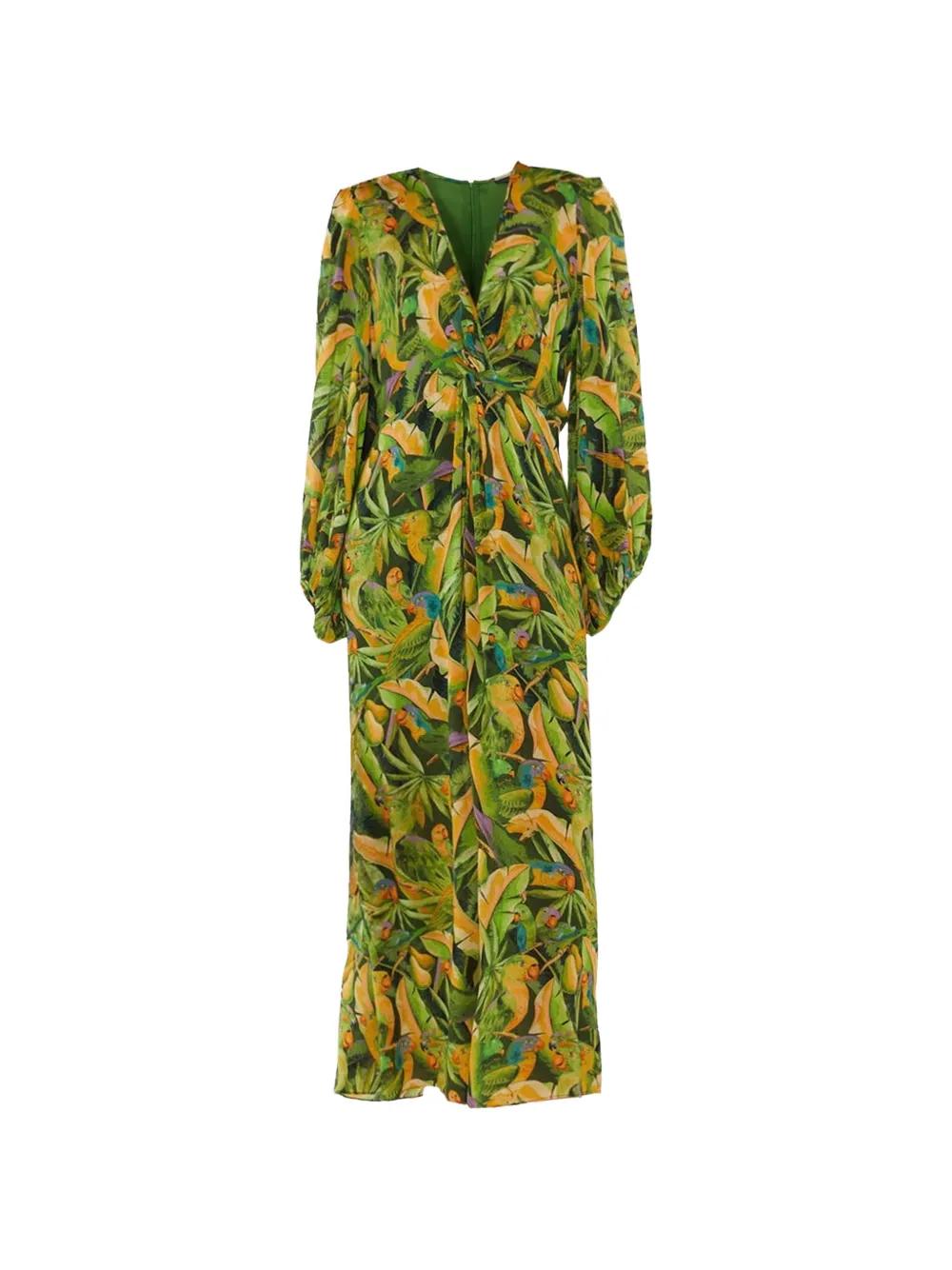 gathered waist midi dress in parrot green FARM Rio Parrot-Print Gathered-Waist Midi Dress in Green