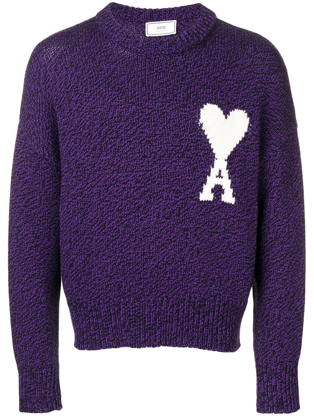 AMI Intarsia-knit Cotton And Wool Logo Sweater in Purple for Men 