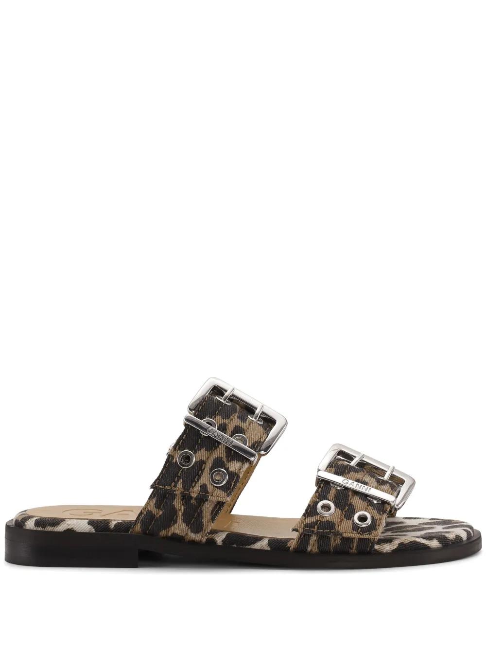 【GANNI】アニマルフラットサンダルバックル付き Ganni Feminine buckle sandals for Women - Animal Printed in