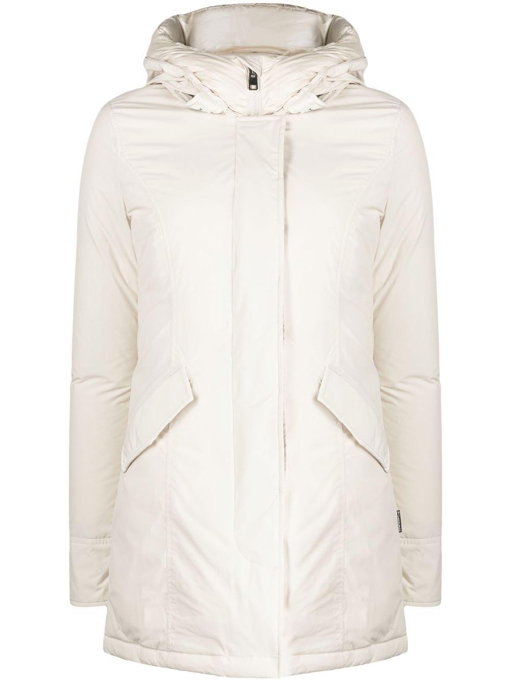 Woolrich Hooded Duck Feather Coat in White | Lyst