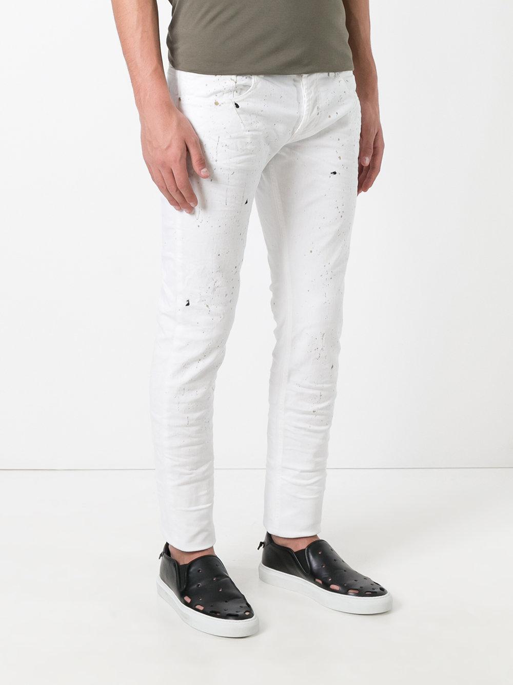 Les Hommes Denim Paint Splatter Slim-fit Jeans in White for Men - Lyst