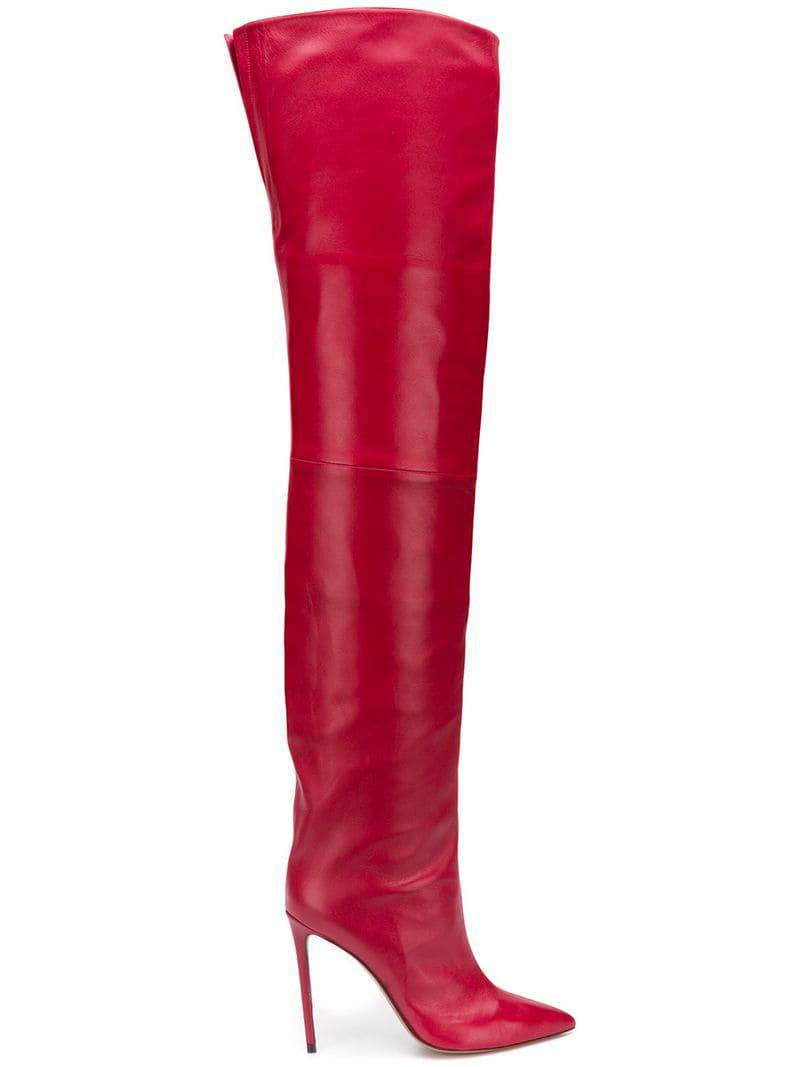 red thigh high boots leather