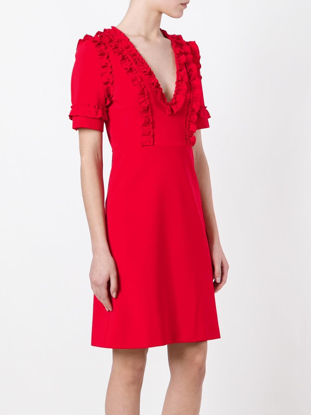 Gucci Synthetic Ruffle Trim Dress in Red - Lyst