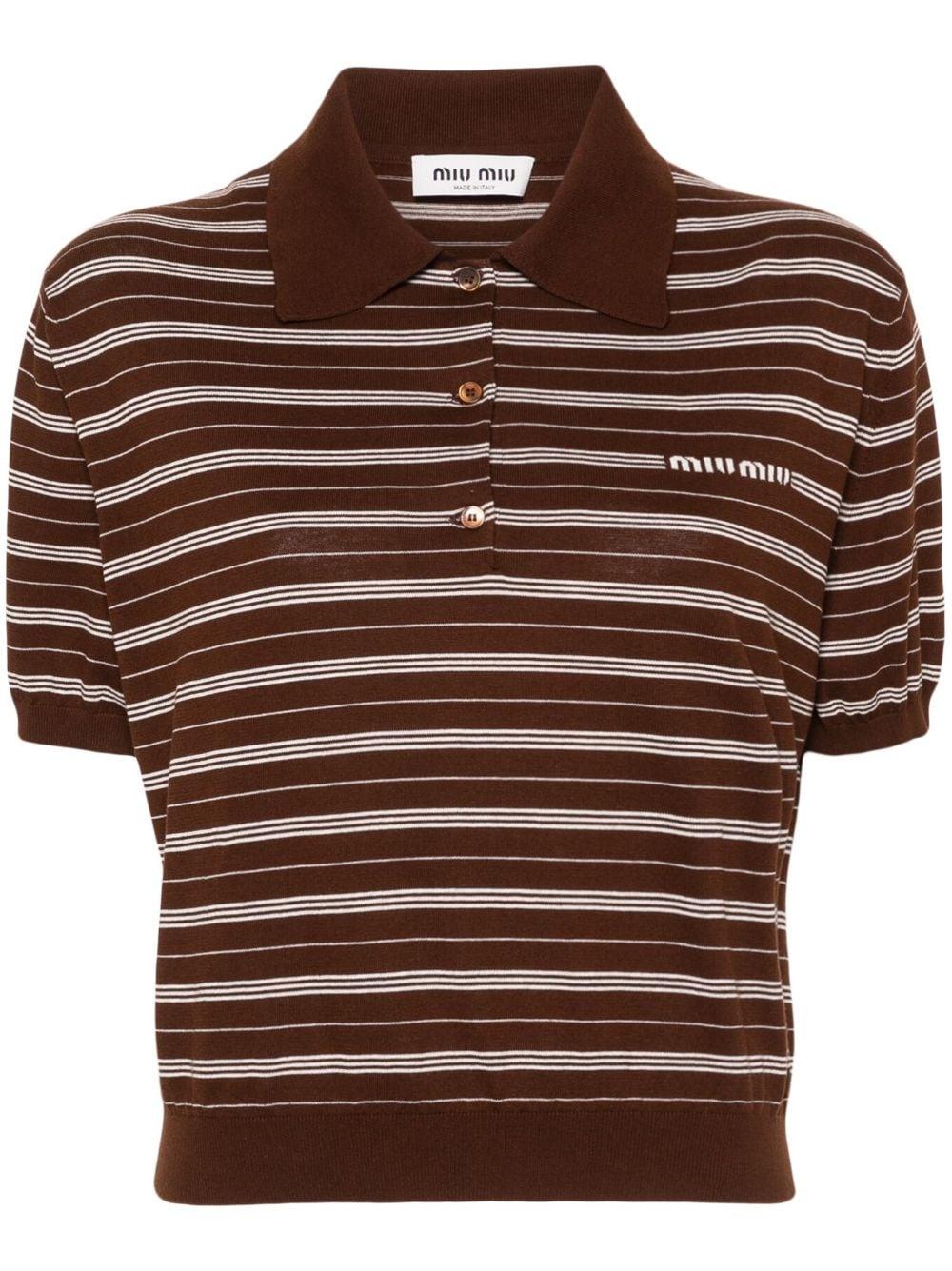 Miu Miu Striped Knitted Polo Shirt in Brown | Lyst