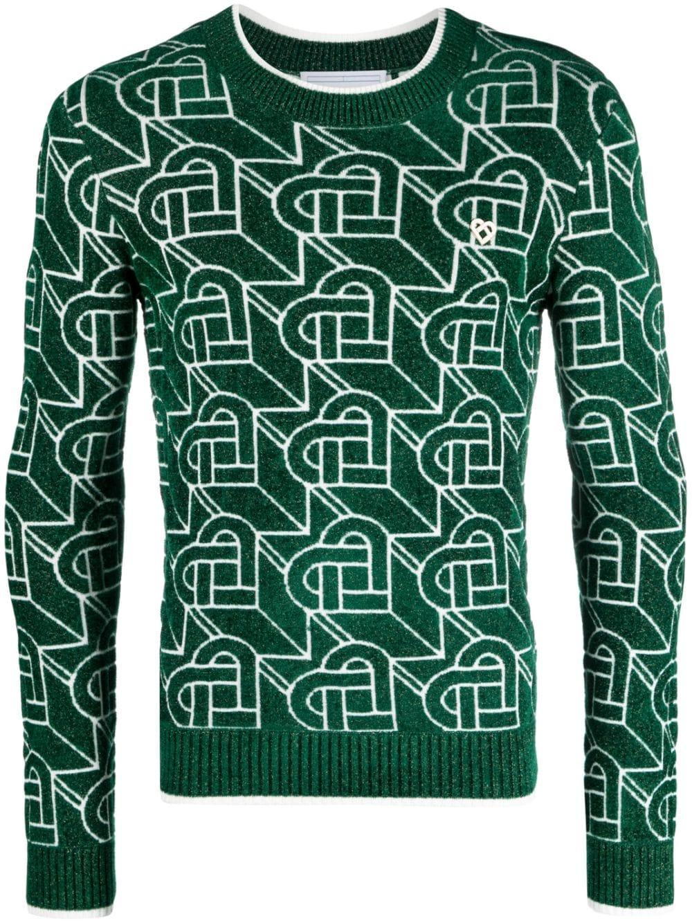 Jacquard round neck sweater with monogram motif