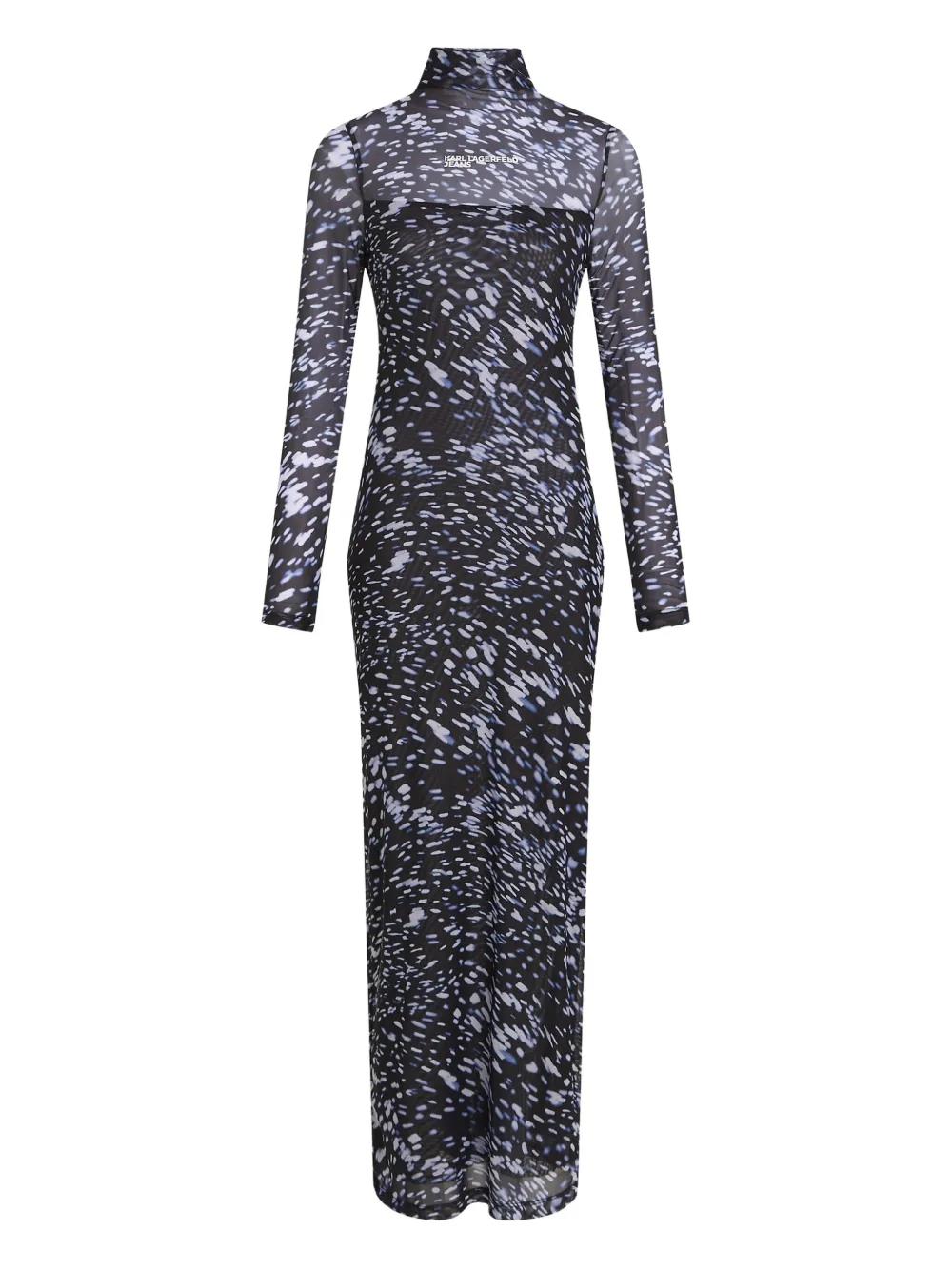 knee length dresses for ladies Karl Lagerfeld Paris Women's Tonal Long-Sleeve Collared Jacquard Dress - Black main image 1