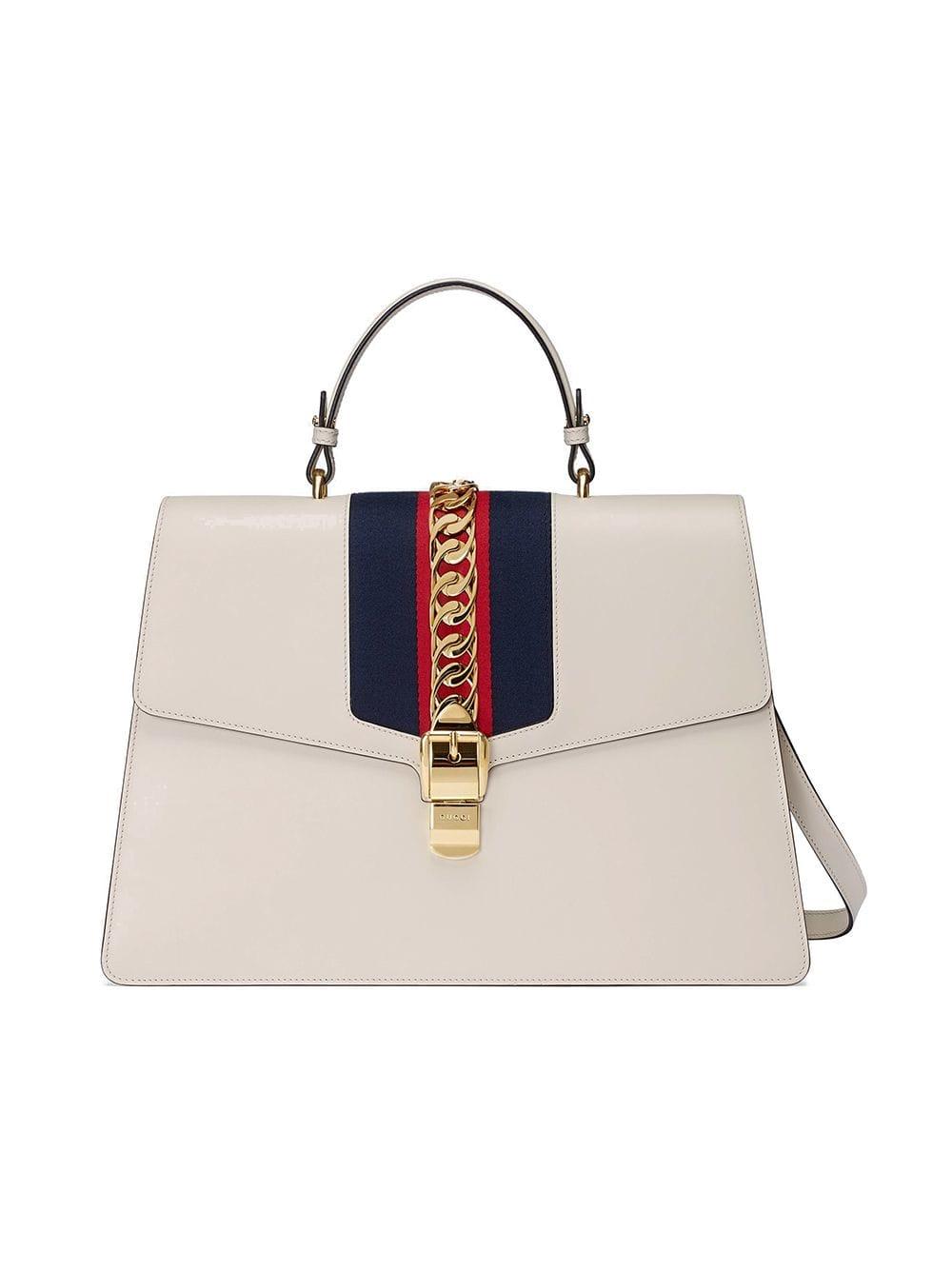 Gucci Sylvie Leather Large Top Handle Bag in White | Lyst