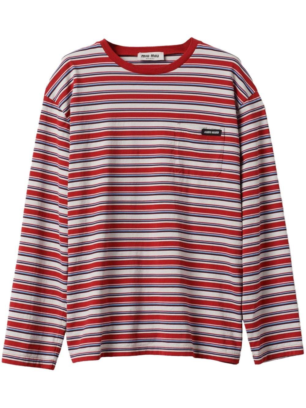 Miu Miu Striped Cotton T-Shirt in Red | Lyst