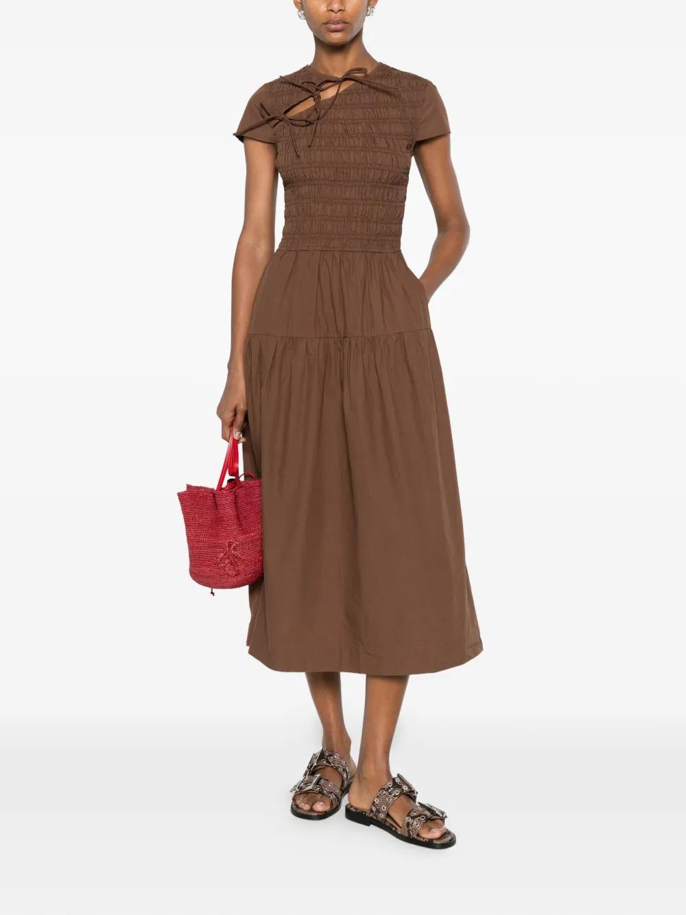 damson madder brown dress Carmen Midi Ruffle Dress With Sheer Top