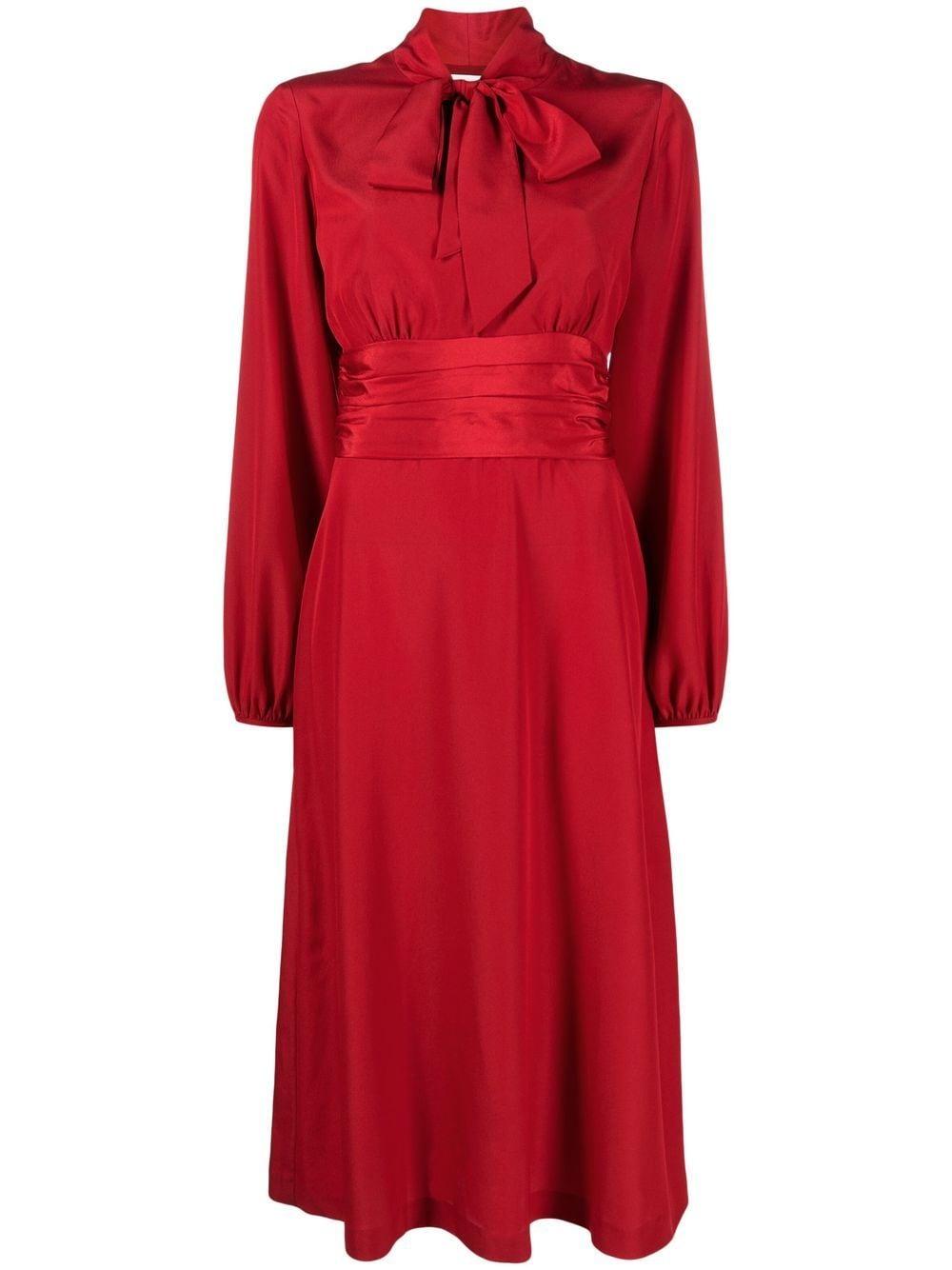 Parosh Pussy Bow Ruched Midi Dress In Red Lyst 