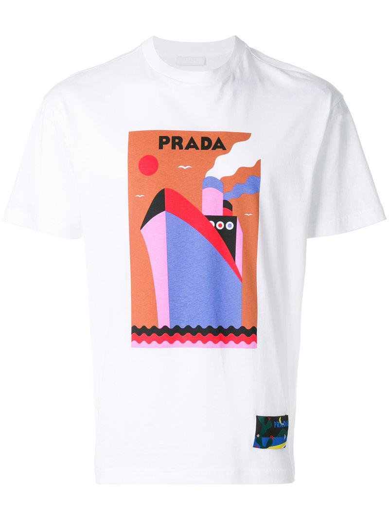 Prada Cruise Ship Print T-shirt in White for Men | Lyst