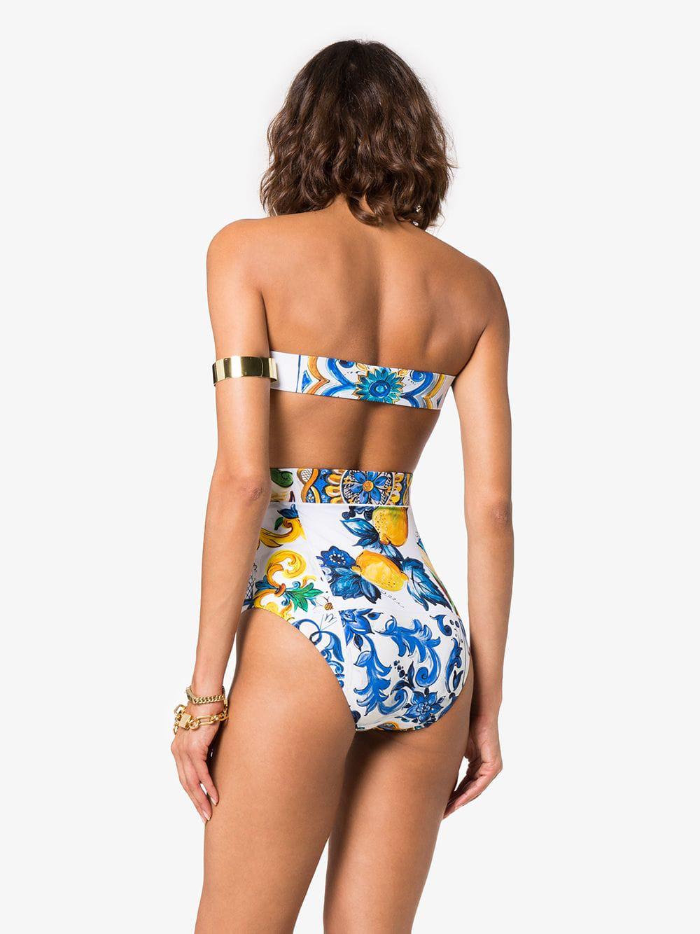 Dolce & Gabbana Maiolica Cutout Printed Bandeau Swimsuit in Blue | Lyst