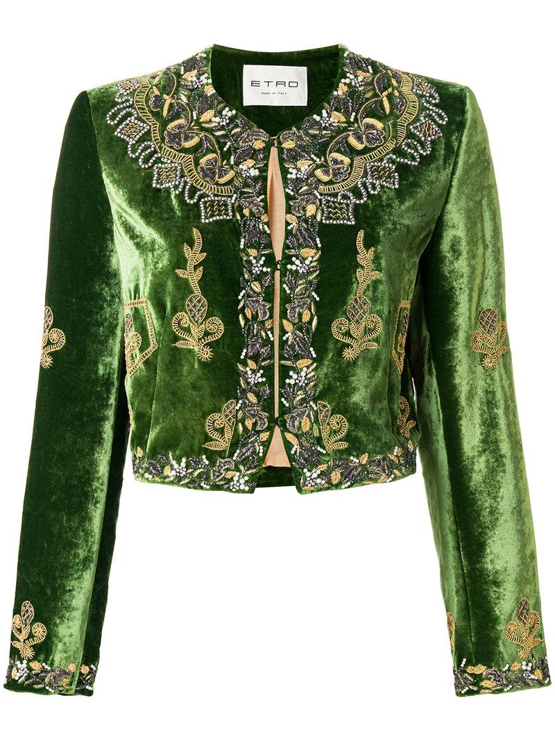Etro Embellished Velvet Cropped Jacket in Green - Lyst