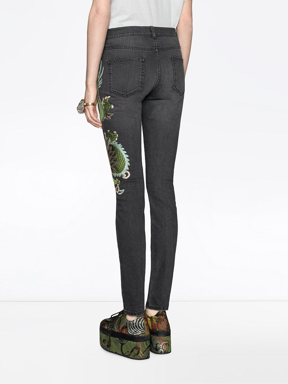 Gucci dragon embroidered denim skinny jeans in black  lyst Gucci dragon embroidered denim skinny jeans in black  lyst