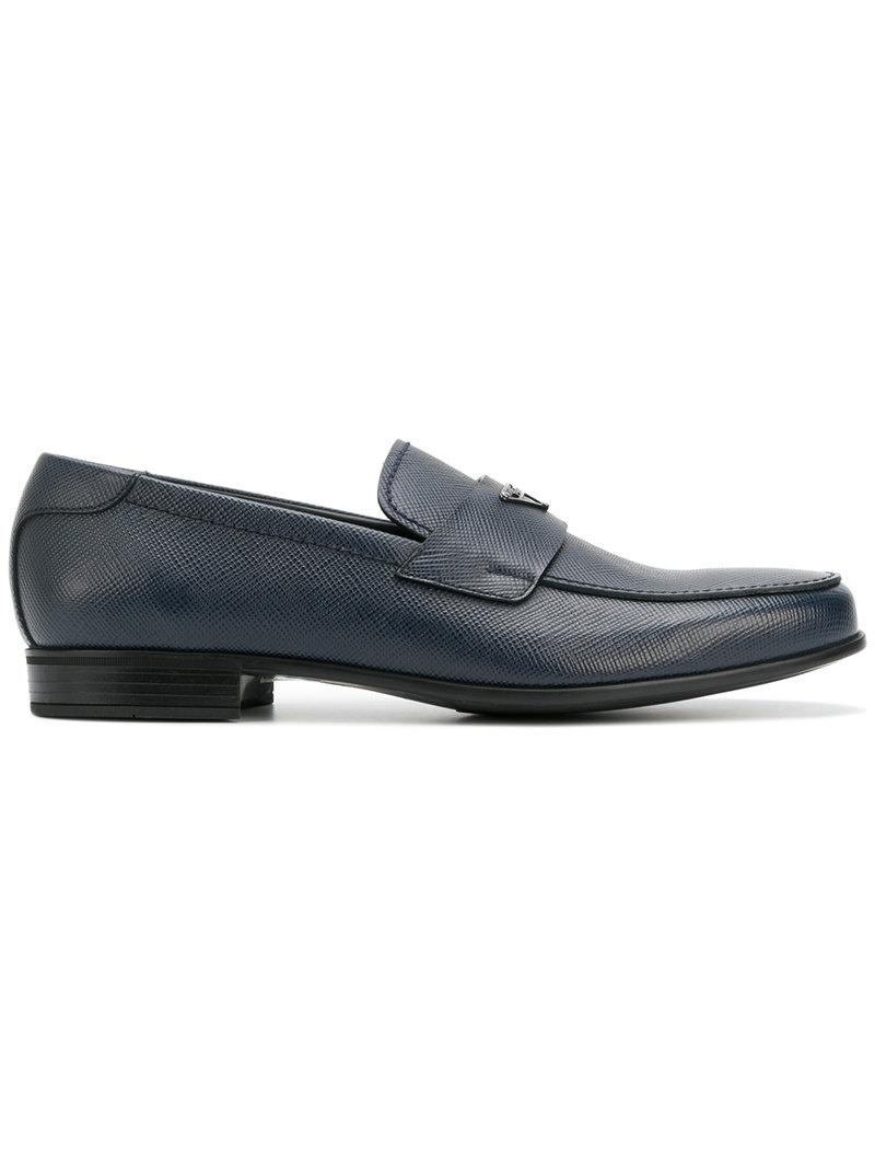 Prada Leather Logo Plaque Loafers in Blue for Men - Lyst