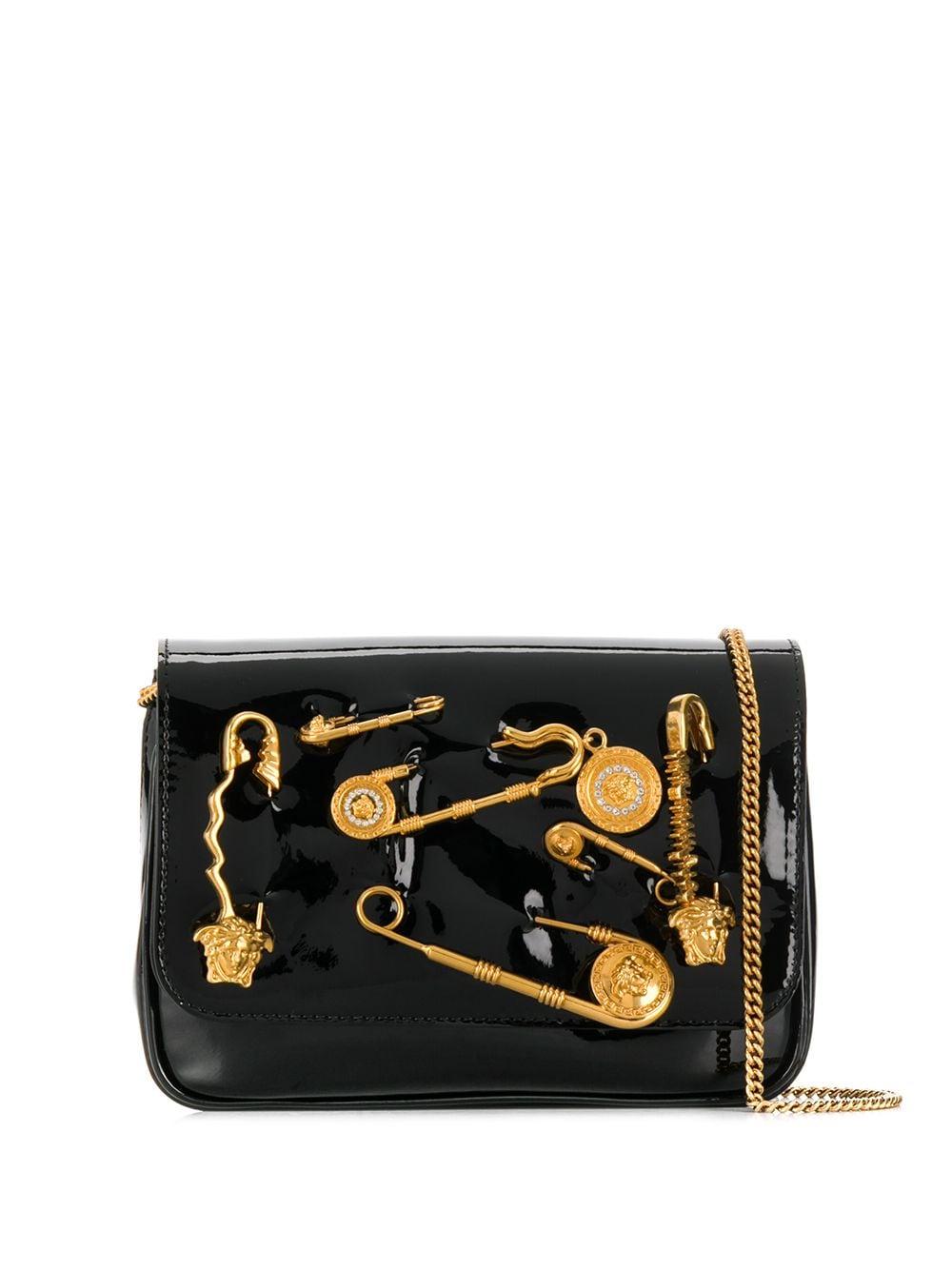 Versace Safety Pin Patent Leather Crossbody Bag in Black