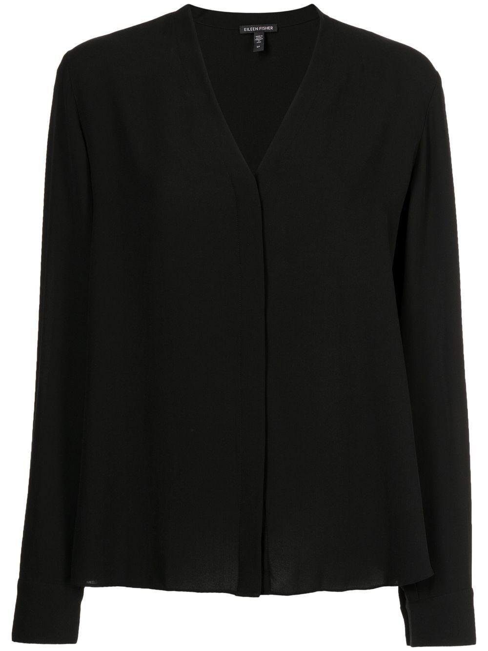 Eileen Fisher Long-sleeve Silk Shirt in Black | Lyst