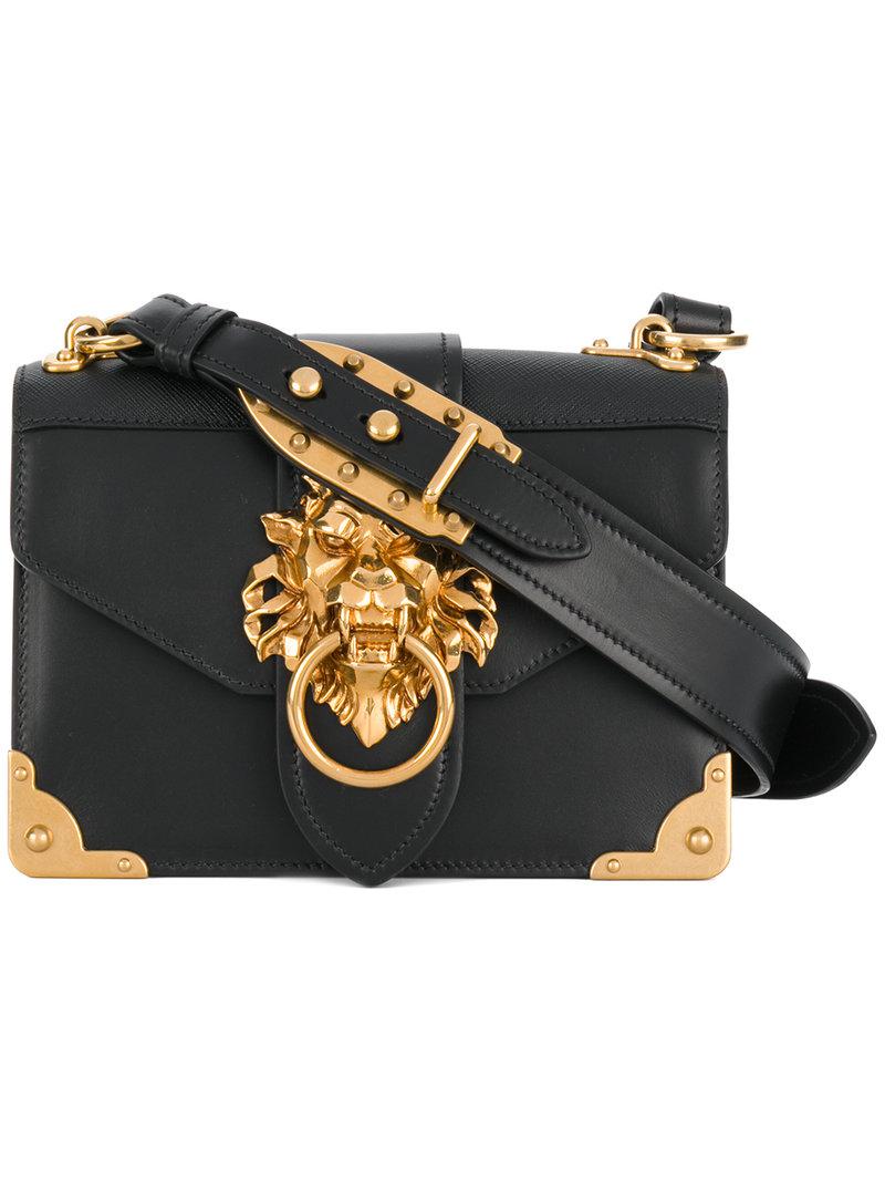 Prada Leather Cahier Lion-embellished Shoulder Bag in Black - Lyst