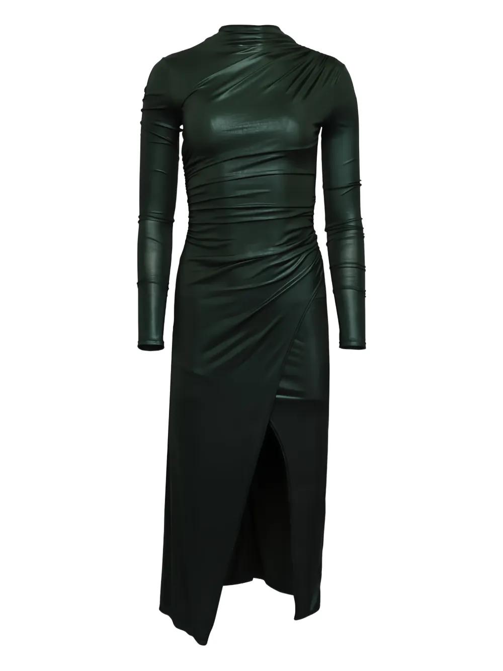 slim fit dress slacks Satin Dress With Feathers in Forest Green