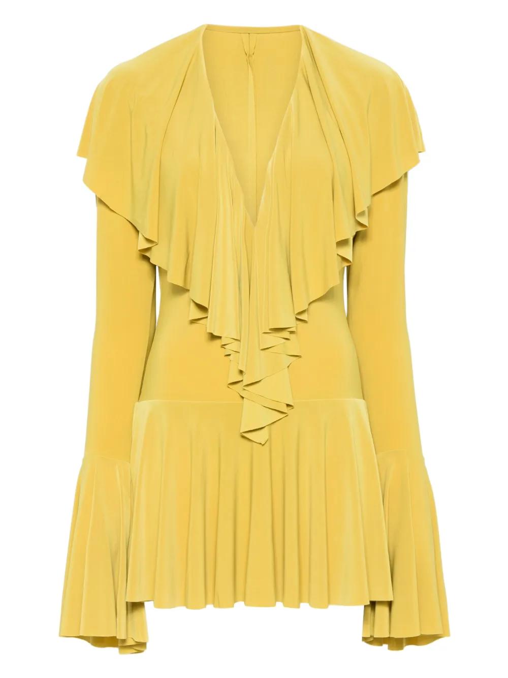 Norma Kamali Long-Sleeve Deep V-Neck Mini Dress in Yellow | Lyst
