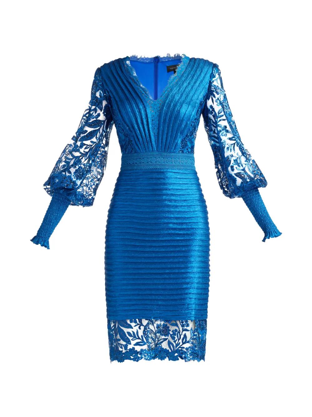 tadashi shoji knee length dresses Tadashi Shoji Embroidered Sequin Lace Mock Neck Short Sleeve Knee Length  Dress