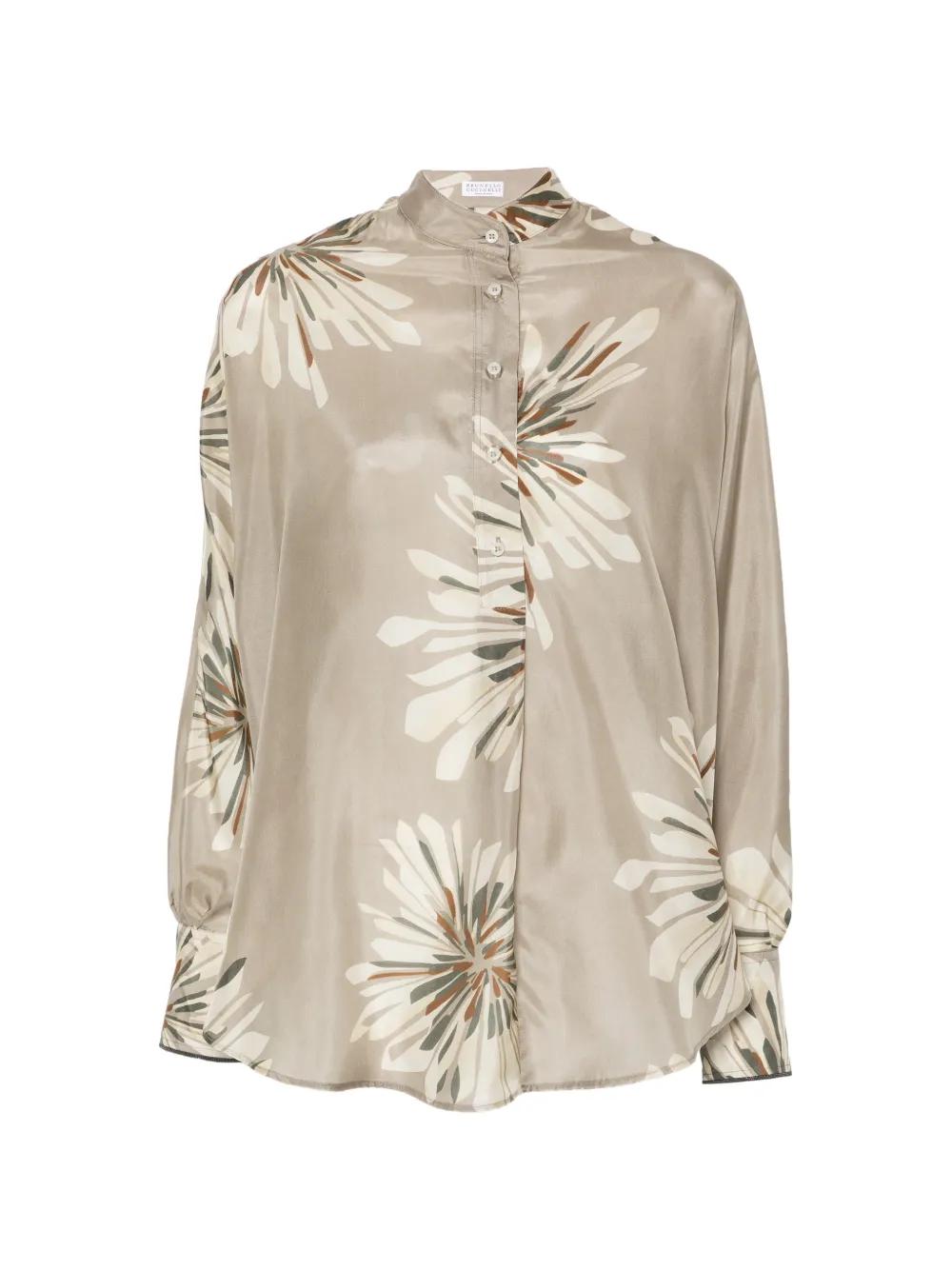 Chemise-blouse Brunello Cucinelli Femme Taille L - Soie Imprimé Floral Métallisé Doré, Style Western, Neuf étiqueté