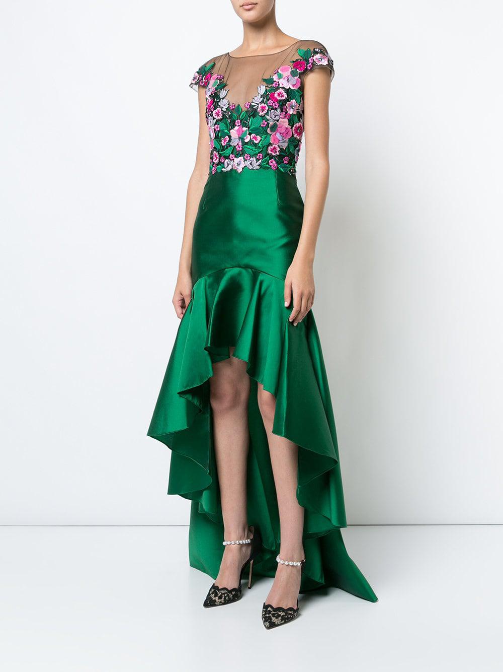 Marchesa notte Embroidered Floral High Low Gown in Green | Lyst