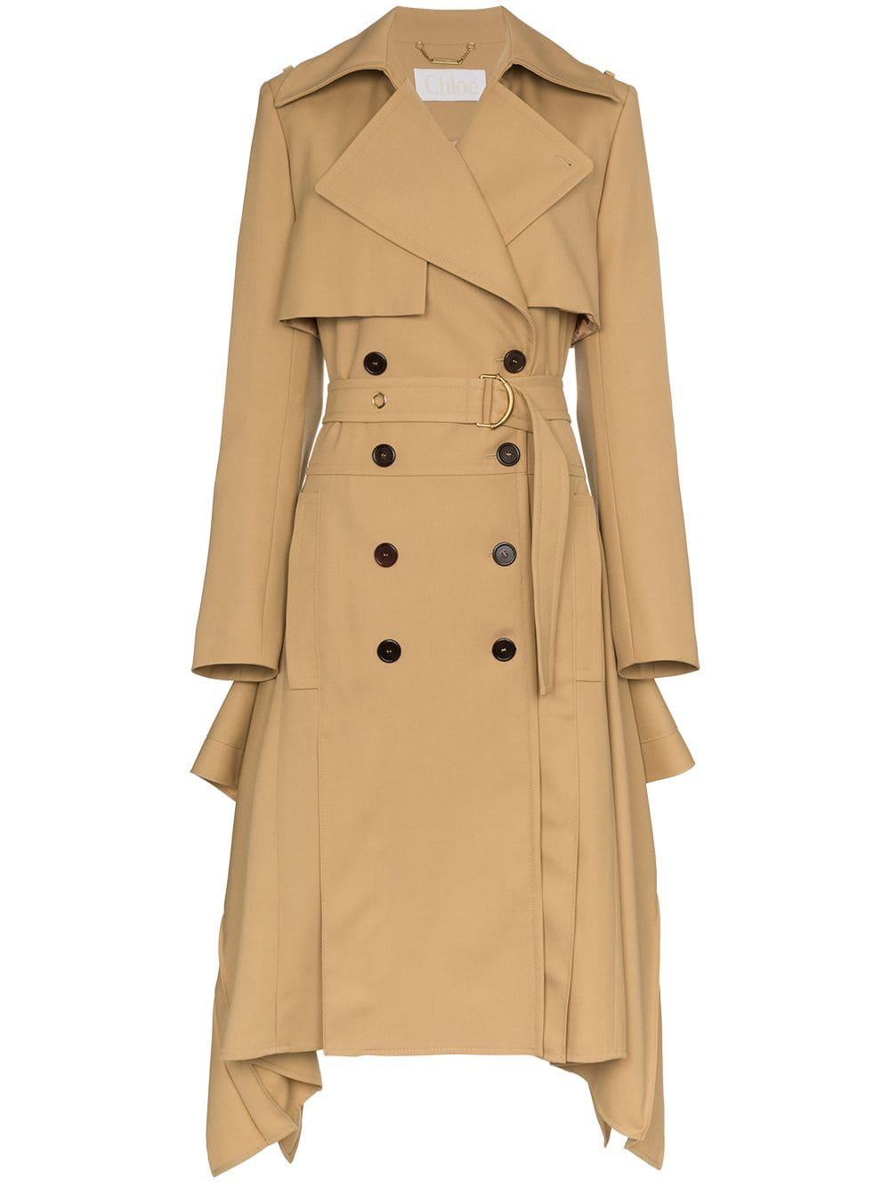 Chloé Asymmetric Hem Belted Wool Trench Coat in Light Brown (Brown 