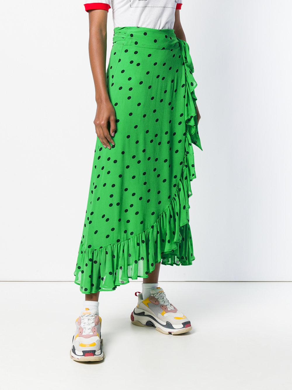 Ganni Polka Dot Ruffled Wrap Skirt in Green - Lyst