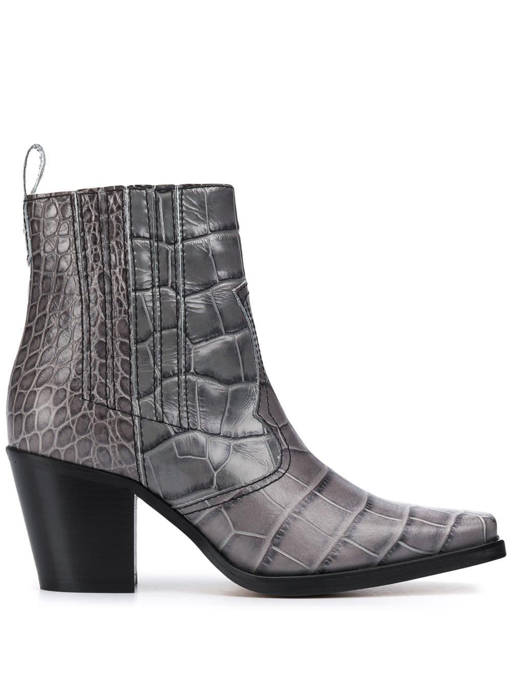 Ganni Callie Western Crocodile-effect Leather Boots in Gray | Lyst