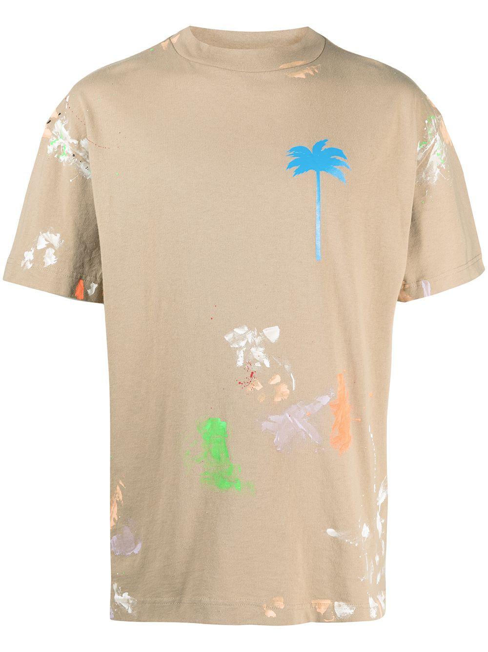 Palm Angels Cotton Palm-print Paint-splatter T-shirt in Brown for 