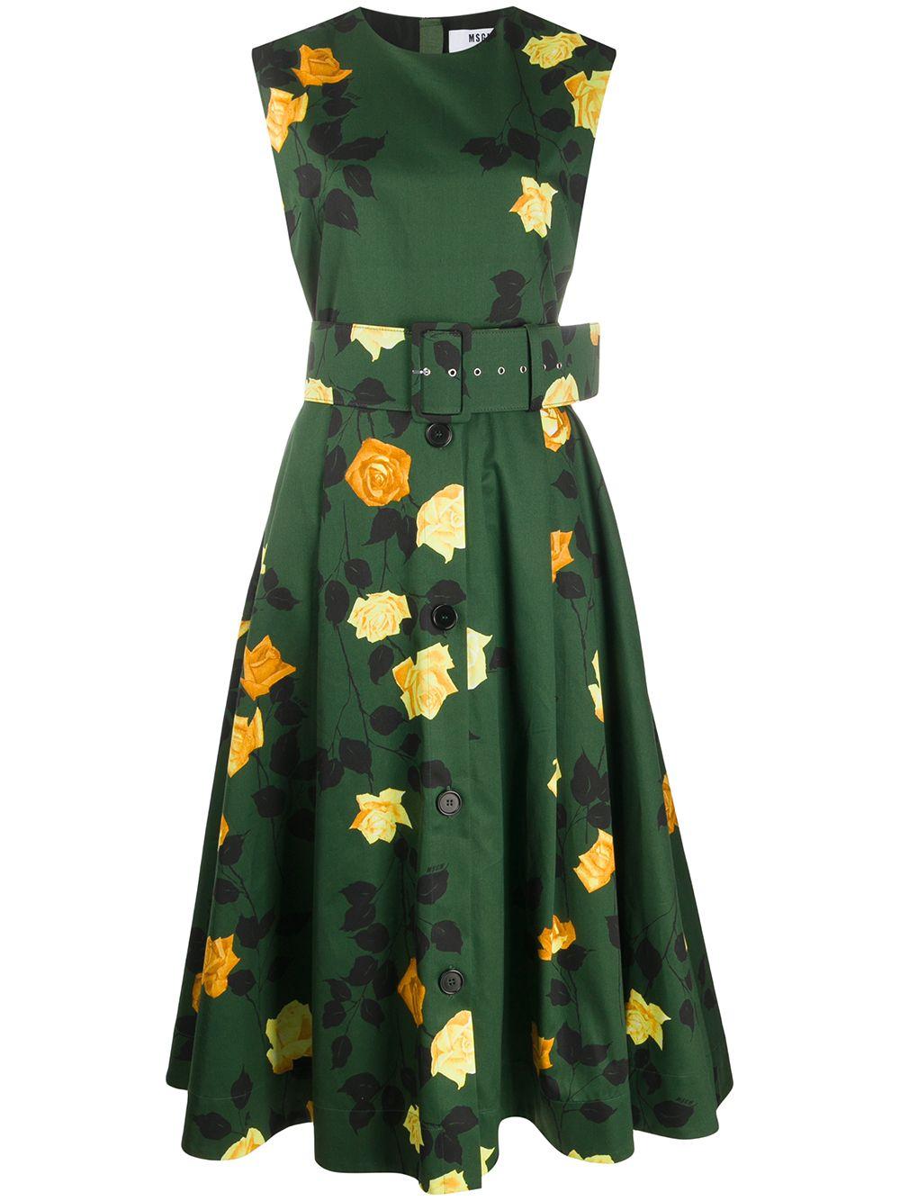 MSGM Cotton Floral-print Belted Dress in Green - Lyst