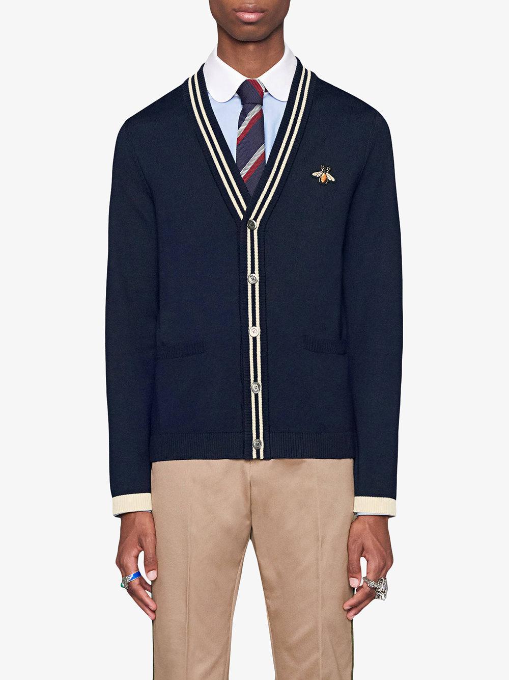 Gucci Cardigan Wool Knit With Bee in Blue for Men - Lyst