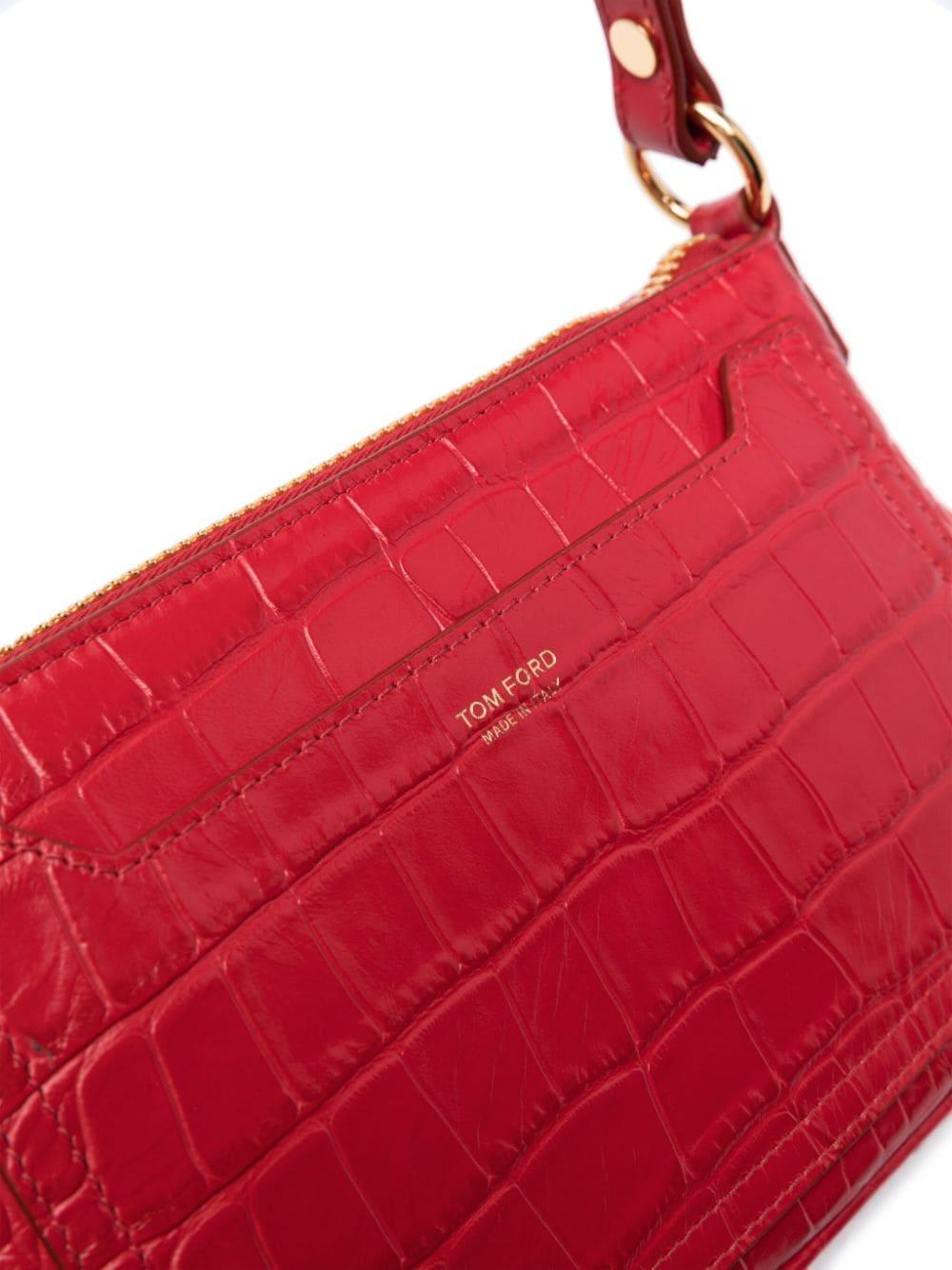 Neon-red Crocodile Embossed Baguette Bag