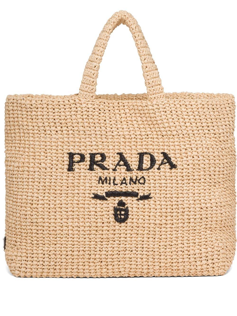 Prada Logo-embroidered Raffia Tote Bag in Natural | Lyst