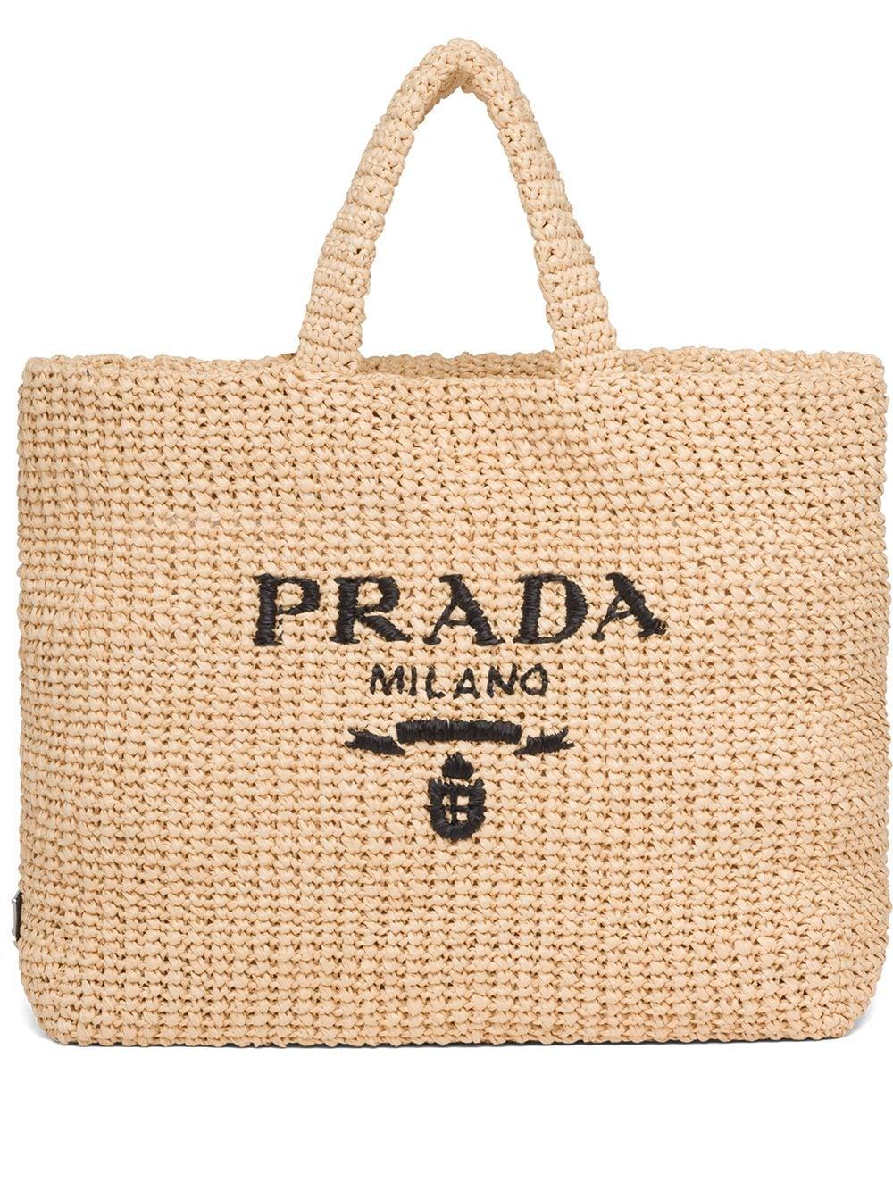 Prada Logo Raffia Tote Bag in Natural